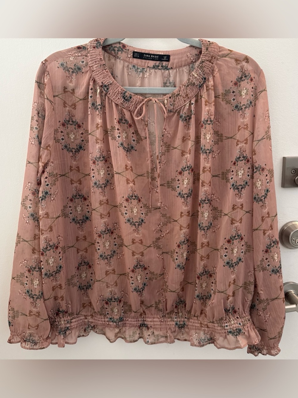 Zara Blush Pink Floral Smocked Neck Peasant Blouse